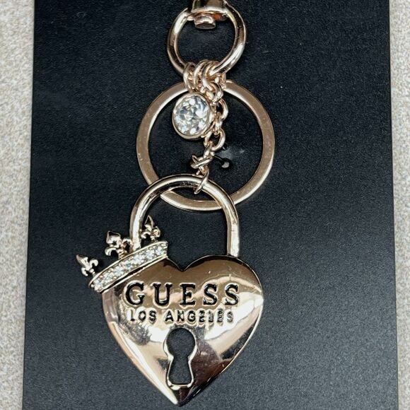 Guess Heart Padlock Crown Bag Charm Keychain Gold Tone BLING Fleur De Lis - Picture 6 of 9